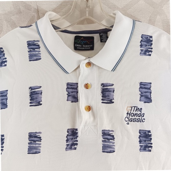 Greg Norman Collection Mens XXL White Blue Print Polo Shirt Honda Classic - Picture 6 of 12